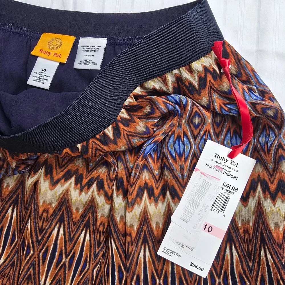 Ruby‎ Rd Feather Report Ikat Chevron Midi Skirt Navy Orange Camel Size 10 NWT